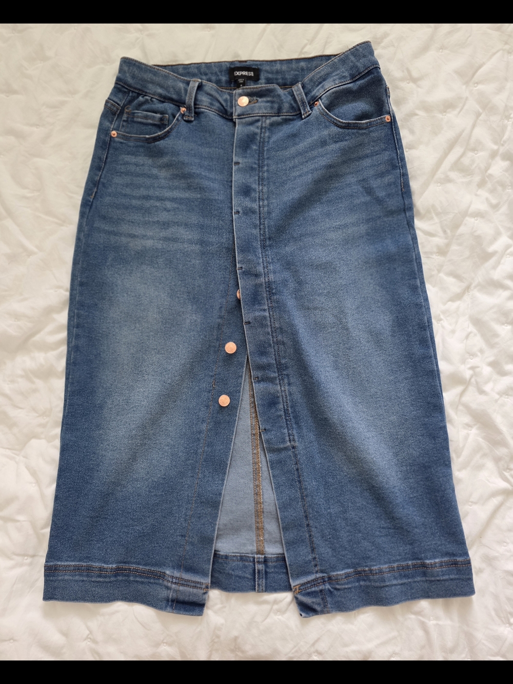Express Mid-Blue Button-Front Denim Skirt*stretch*